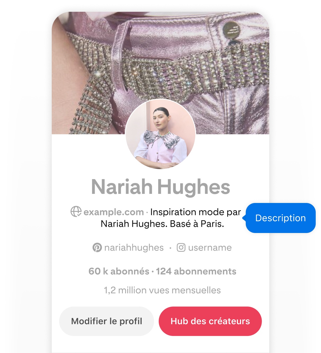 Mobile screenshot of Nariah Hughes' Pinterest profile, featuring a blue pop-up button labeled 'Description' pointing to her username.