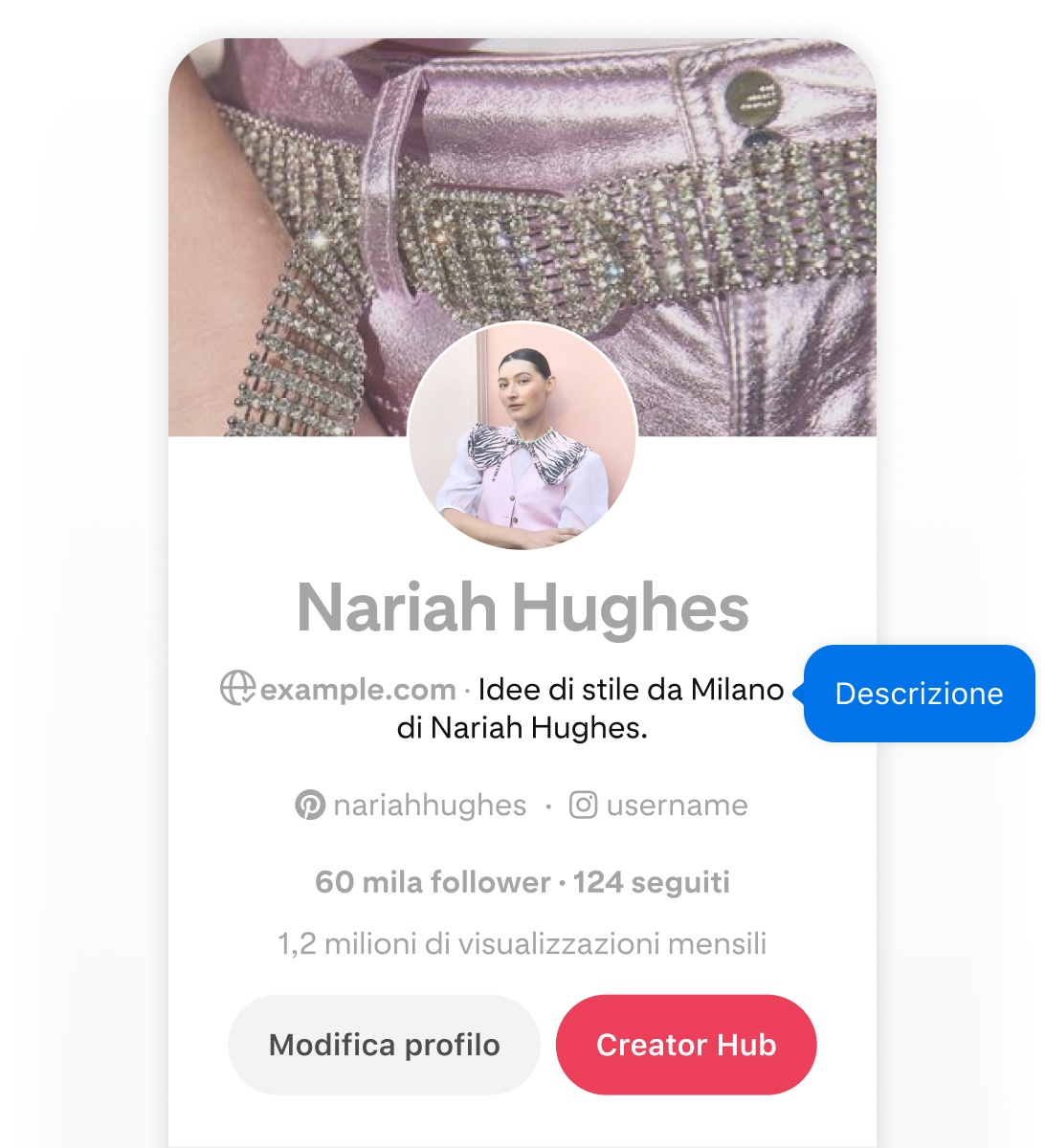 Mobile screenshot of Nariah Hughes' Pinterest profile, featuring a blue pop-up button labeled 'Description' pointing to her username.
