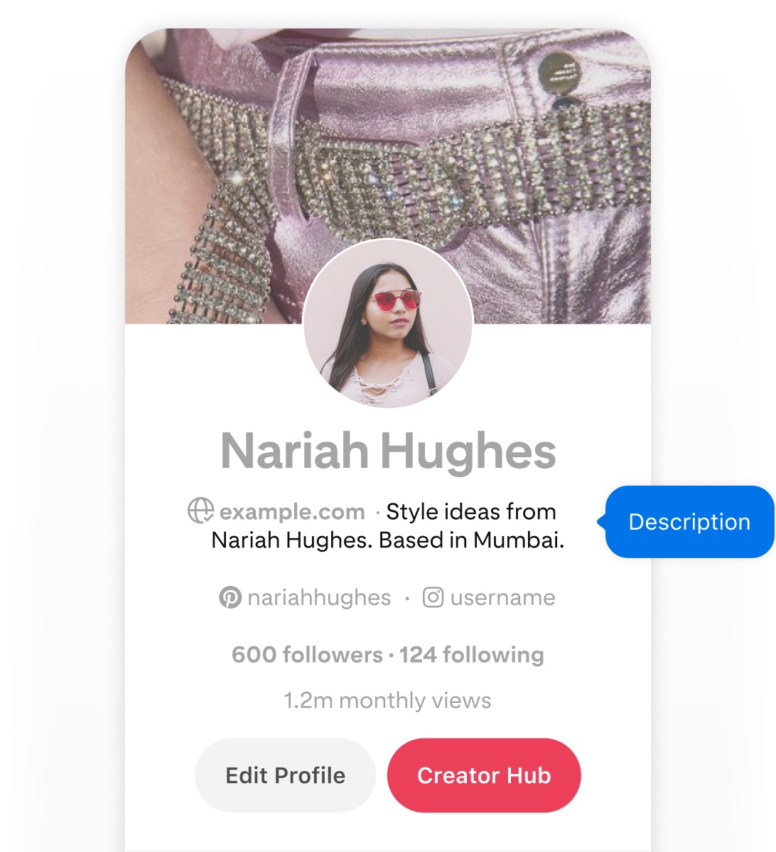 Mobile screenshot of Nariah Hughes' Pinterest profile, featuring a blue pop-up button labeled 'Description' pointing to her username.