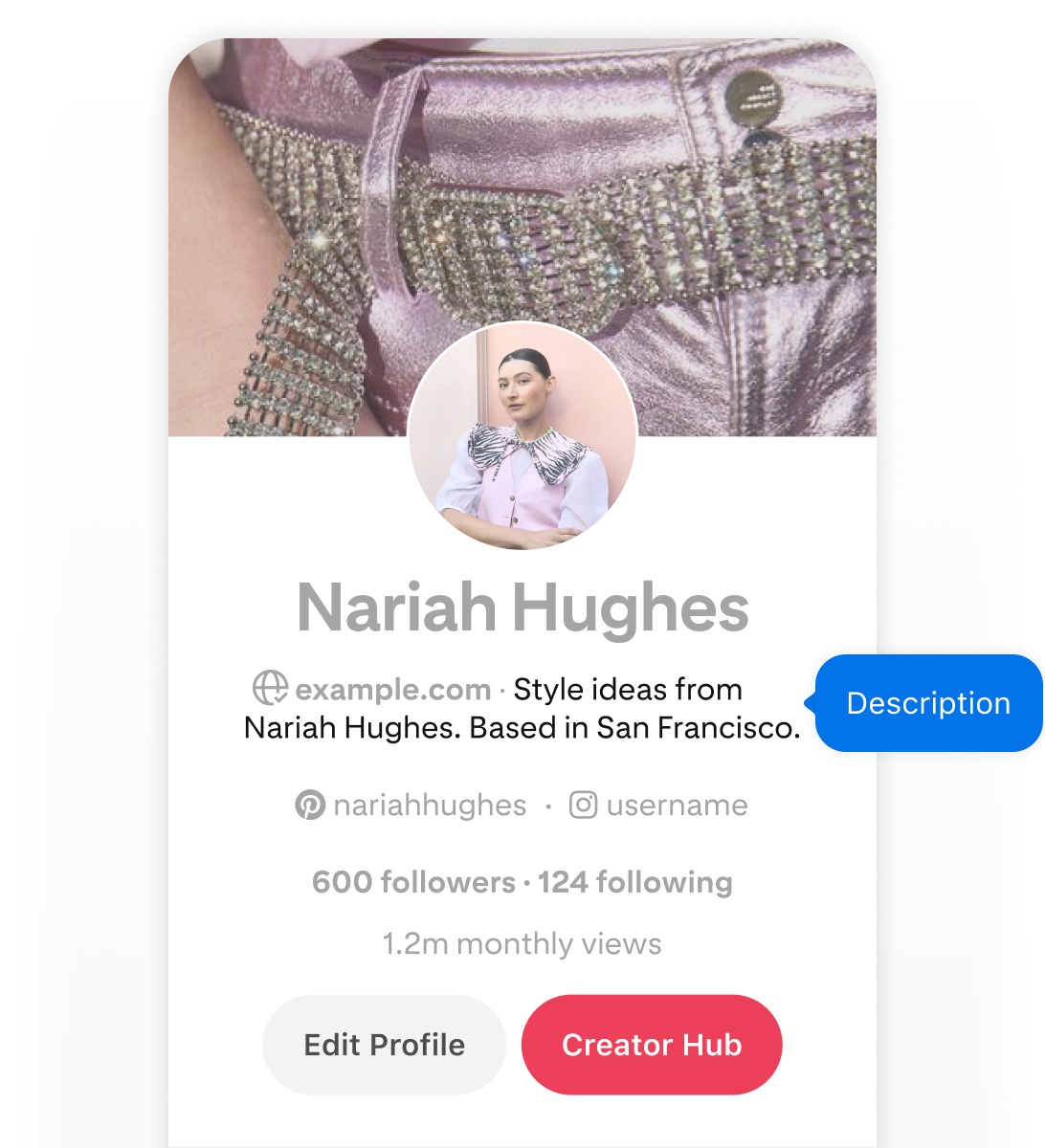 Mobile screenshot of Nariah Hughes' Pinterest profile, featuring a blue pop-up button labeled 'Description' pointing to her username.