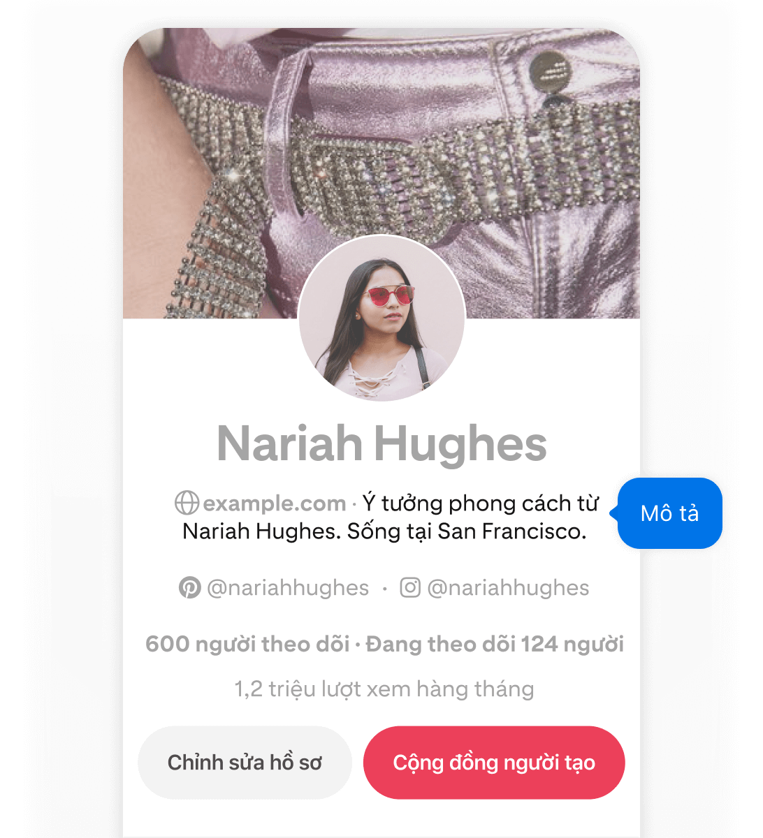 Ảnh chụp màn hình hồ sơ Pinterest của Nariah Hughes trên thiết bị di động, hiển thị một nút bật lên màu xanh lam có nhãn "Mô tả" trỏ đến tên người dùng của cô.
