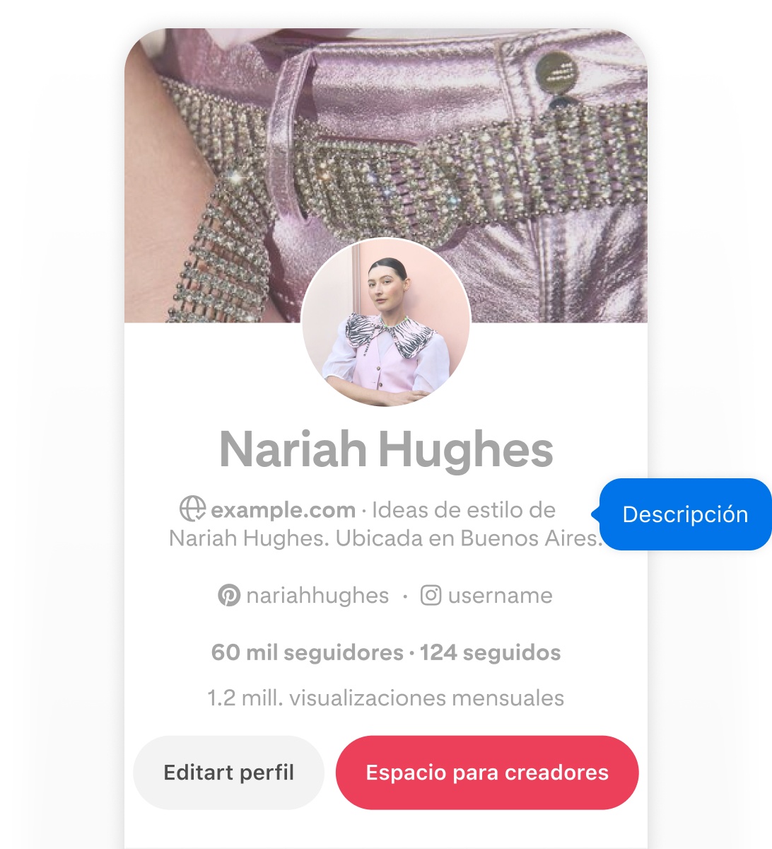 Mobile screenshot of Nariah Hughes' Pinterest profile, featuring a blue pop-up button labeled 'Description' pointing to her username.
