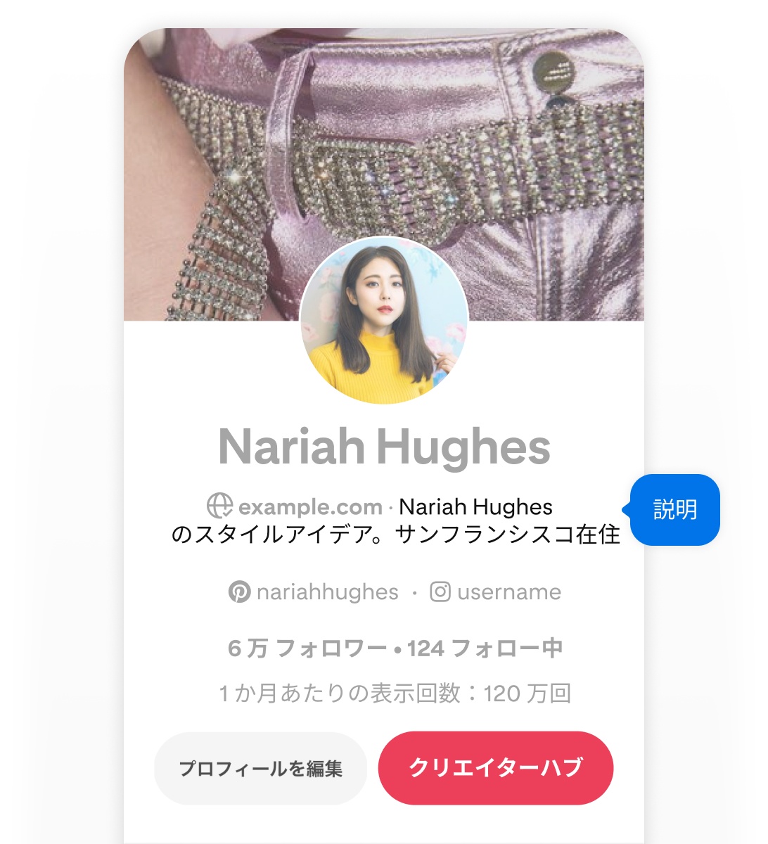 Mobile screenshot of Nariah Hughes' Pinterest profile, featuring a blue pop-up button labeled 'Description' pointing to her username.