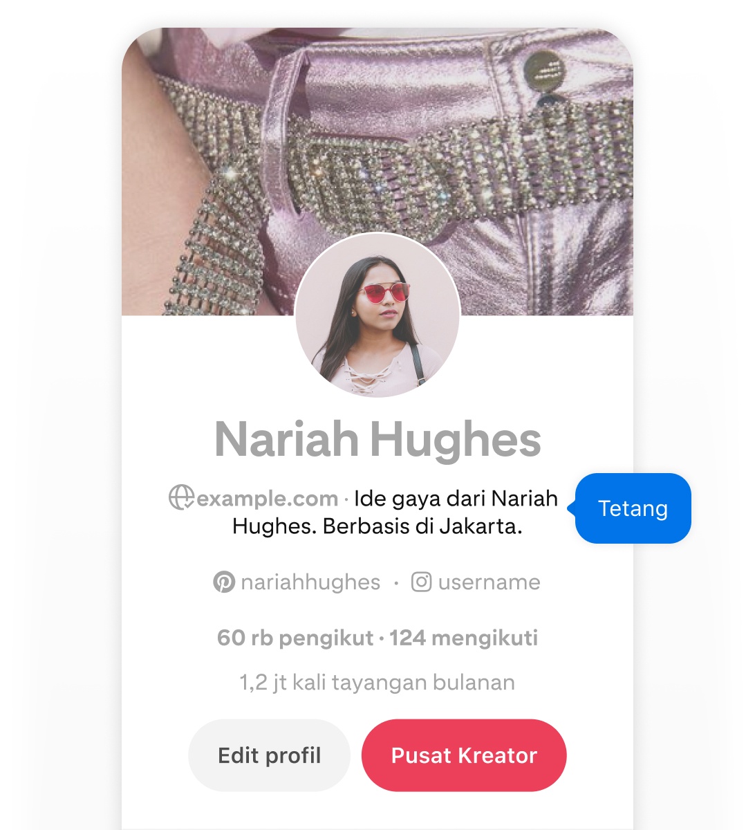 Mobile screenshot of Nariah Hughes' Pinterest profile, featuring a blue pop-up button labeled 'Description' pointing to her username.