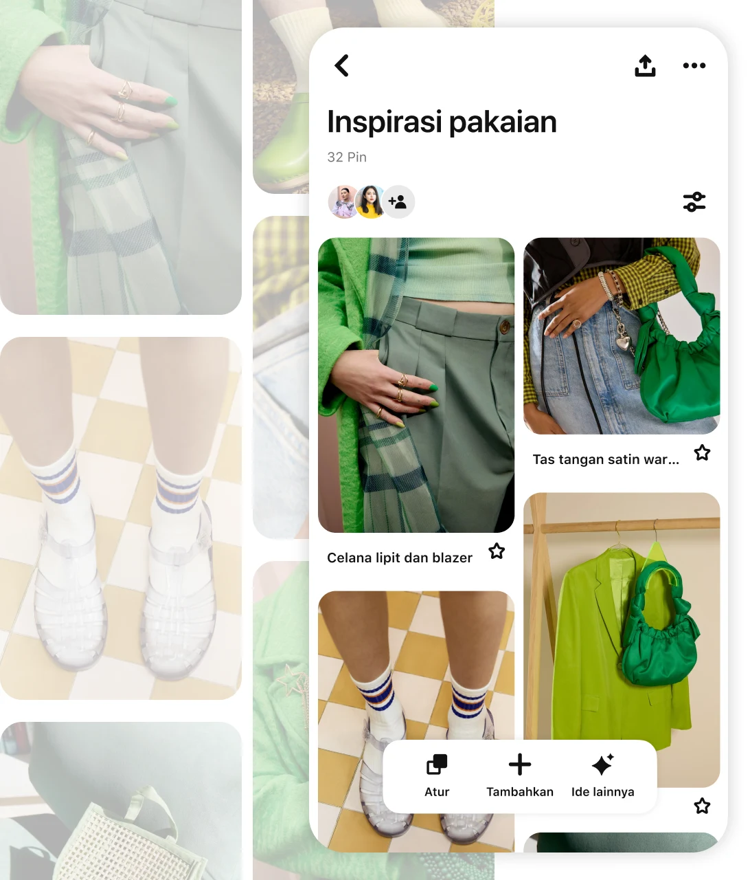 Pins including various green clothing items on a board labeled "Outfit inspo"