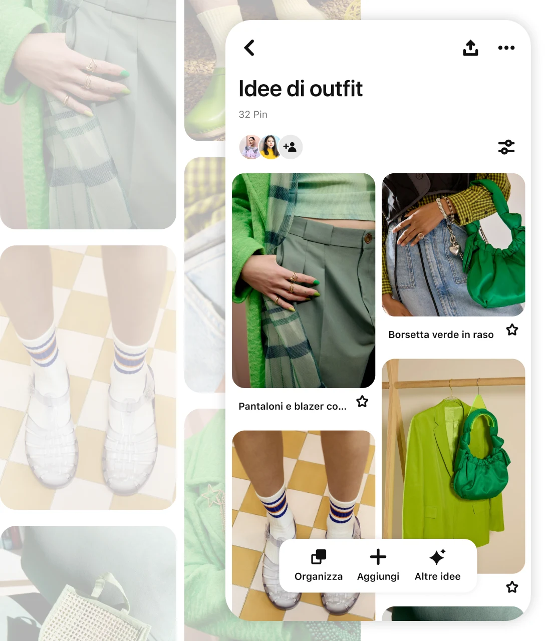 Pins including various green clothing items on a board labeled "Outfit inspo"