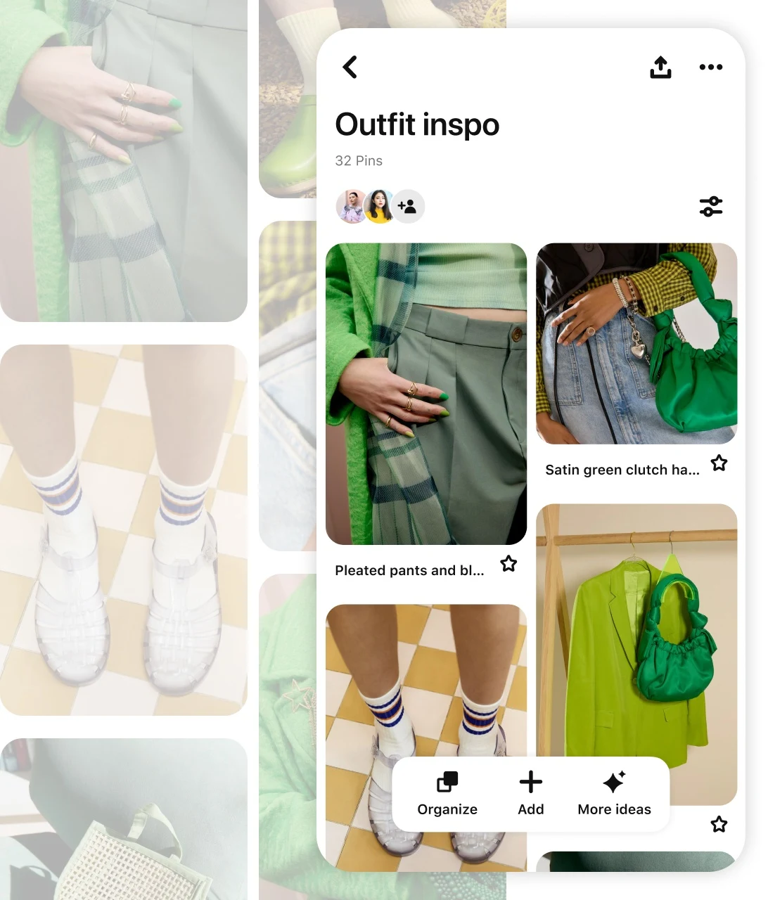 Pins including various green clothing items on a board labeled "Outfit inspo"