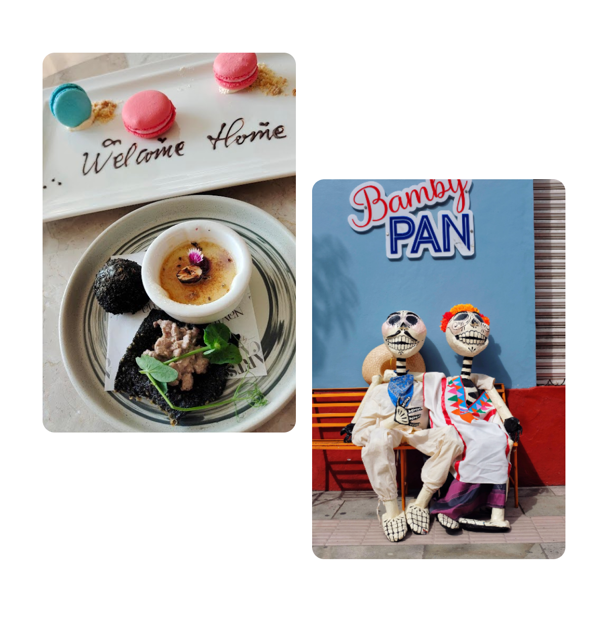 Two pins, snack that says welcome home, skeletons for dia de muertos