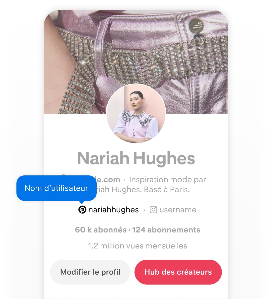 Mobile screenshot of Pinterest profile for Nariah Hughes, with blue pop up button that says username pointing the username on the profile.