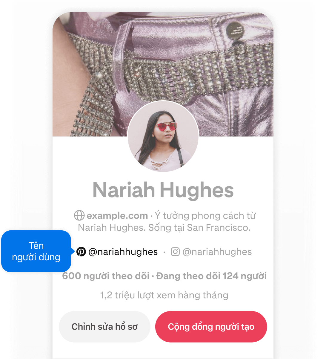 Ảnh chụp màn hình hồ sơ Pinterest của Nariah Hughes trên thiết bị di động, hiển thị nút bật lên màu xanh lam có ghi tên người dùng trỏ đến tên người dùng trên hồ sơ.