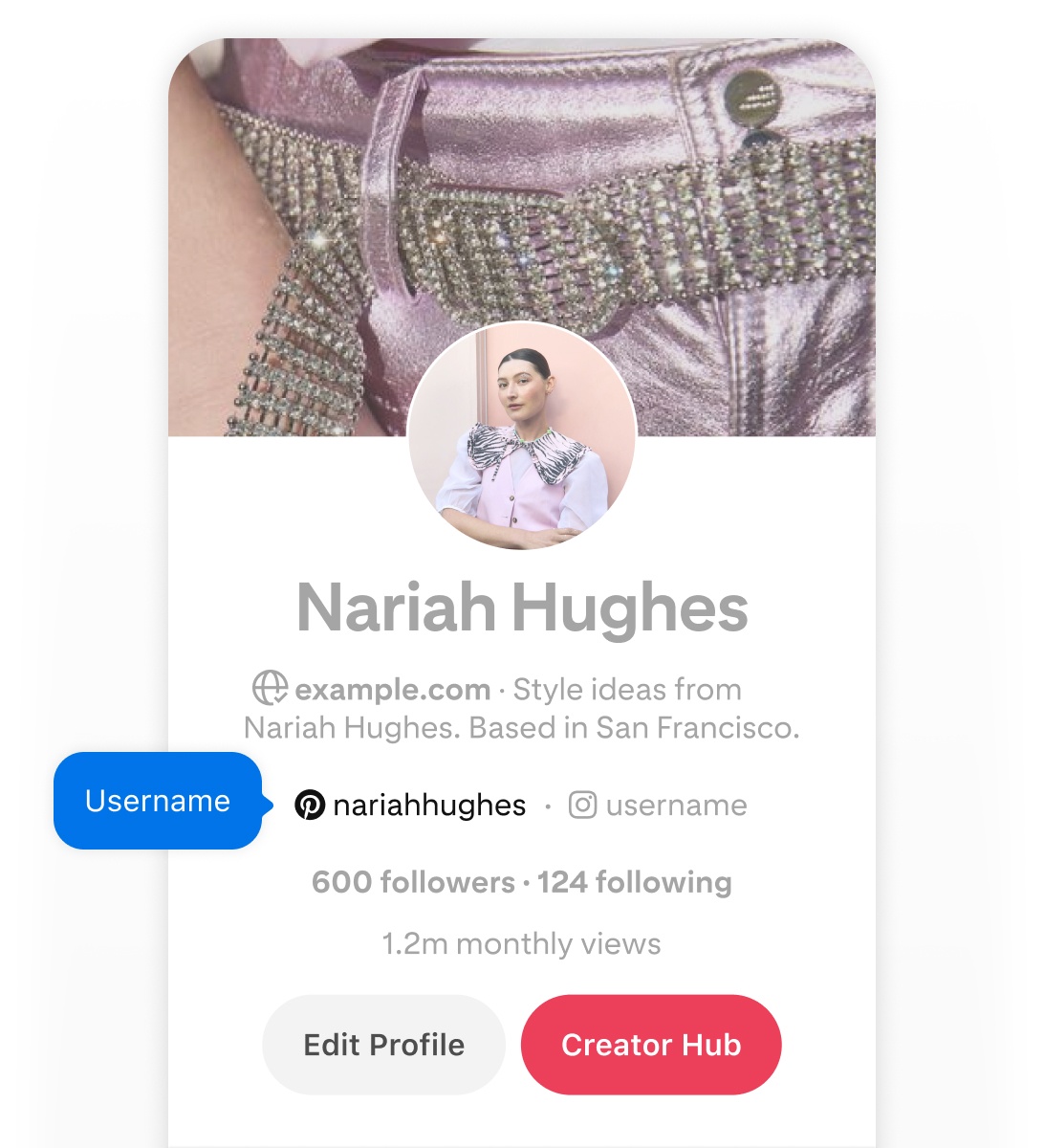 Mobile screenshot of Pinterest profile for Nariah Hughes, with blue pop up button that says username pointing the username on the profile.