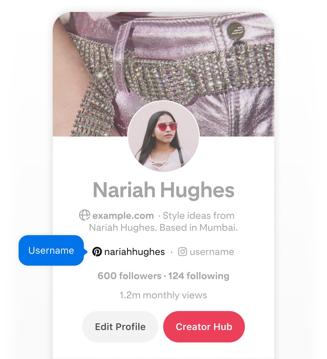 Mobile screenshot of Pinterest profile for Nariah Hughes, with blue pop up button that says username pointing the username on the profile.