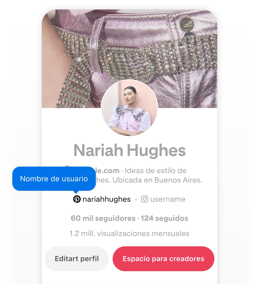 Mobile screenshot of Pinterest profile for Nariah Hughes, with blue pop up button that says username pointing the username on the profile.