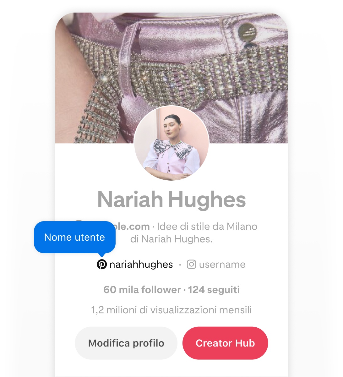 Mobile screenshot of Pinterest profile for Nariah Hughes, with blue pop up button that says username pointing the username on the profile.