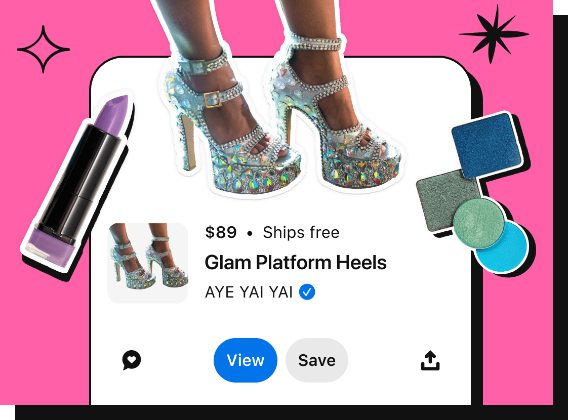 Silver, bedazzled shoe cutout layered over product shopping information with the words "glam platform heels, $89" and the brand name "Aye Yai Yai."