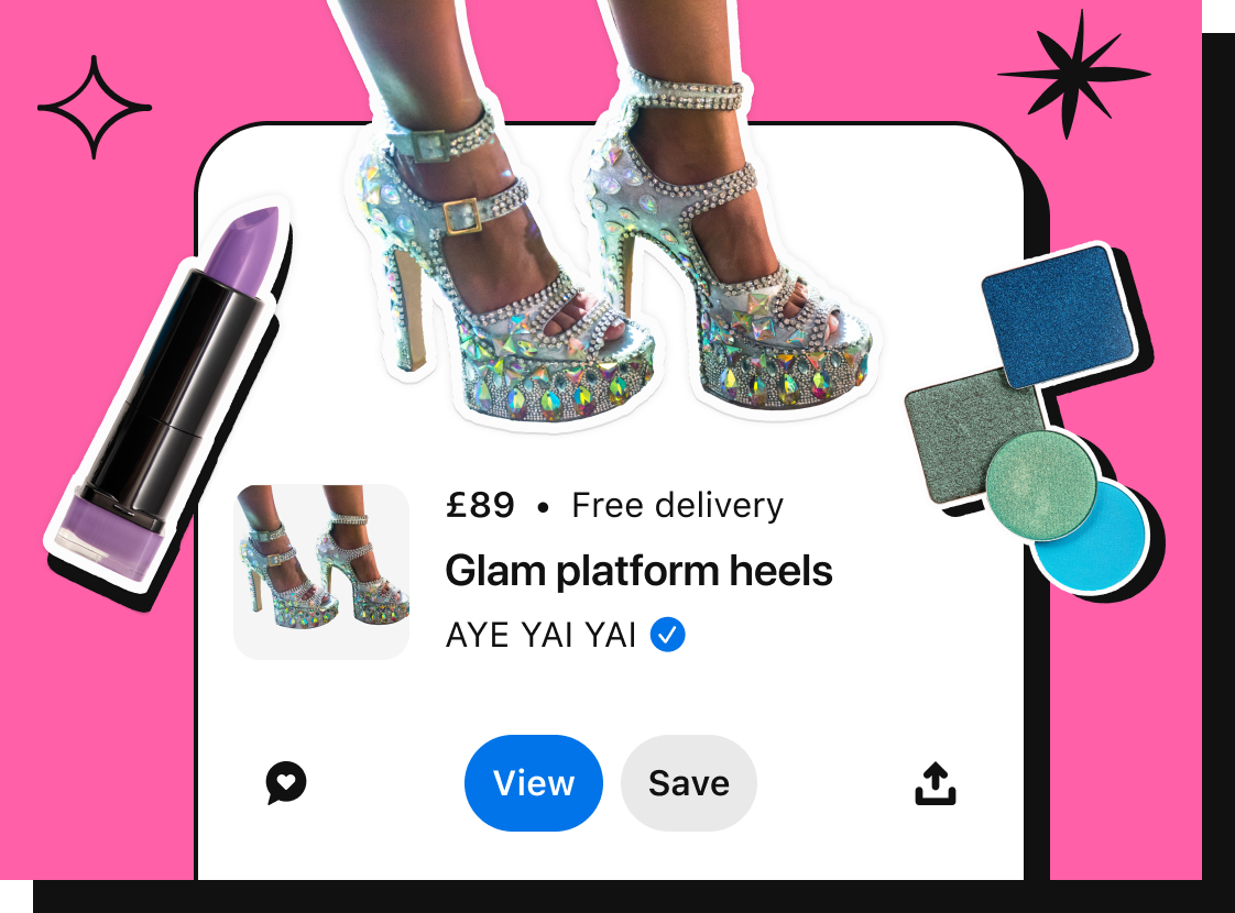 Silver bedazzled shoe cutout layered over product shopping information with the words ‘Glam platform heels, £89’ and the brand name ‘Aye Yai Yai’.