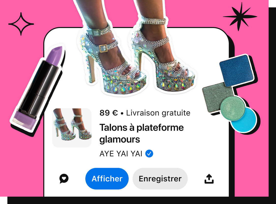 Découpe de talons argentés et ornés de strass superposée sur des informations d’achat de produits avec inscrit « Glam Platform Heels, 89 $ » et le nom de la marque « AYE YAI YAI ».
