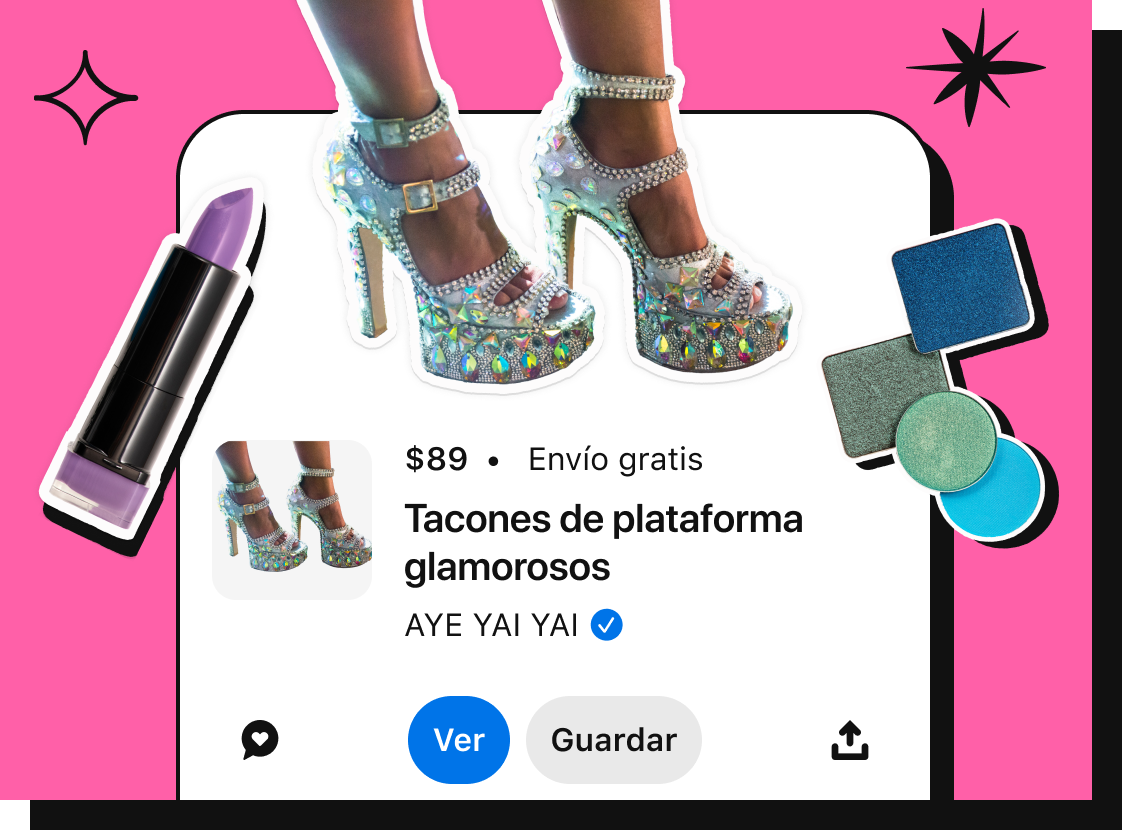 Recorte de un zapato plateado deslumbrante sobre una capa con información para realizar la compra del producto con las palabras “tacones de plataforma glamorosos, $89” y el nombre de la marca “AYE YAI YAI”.