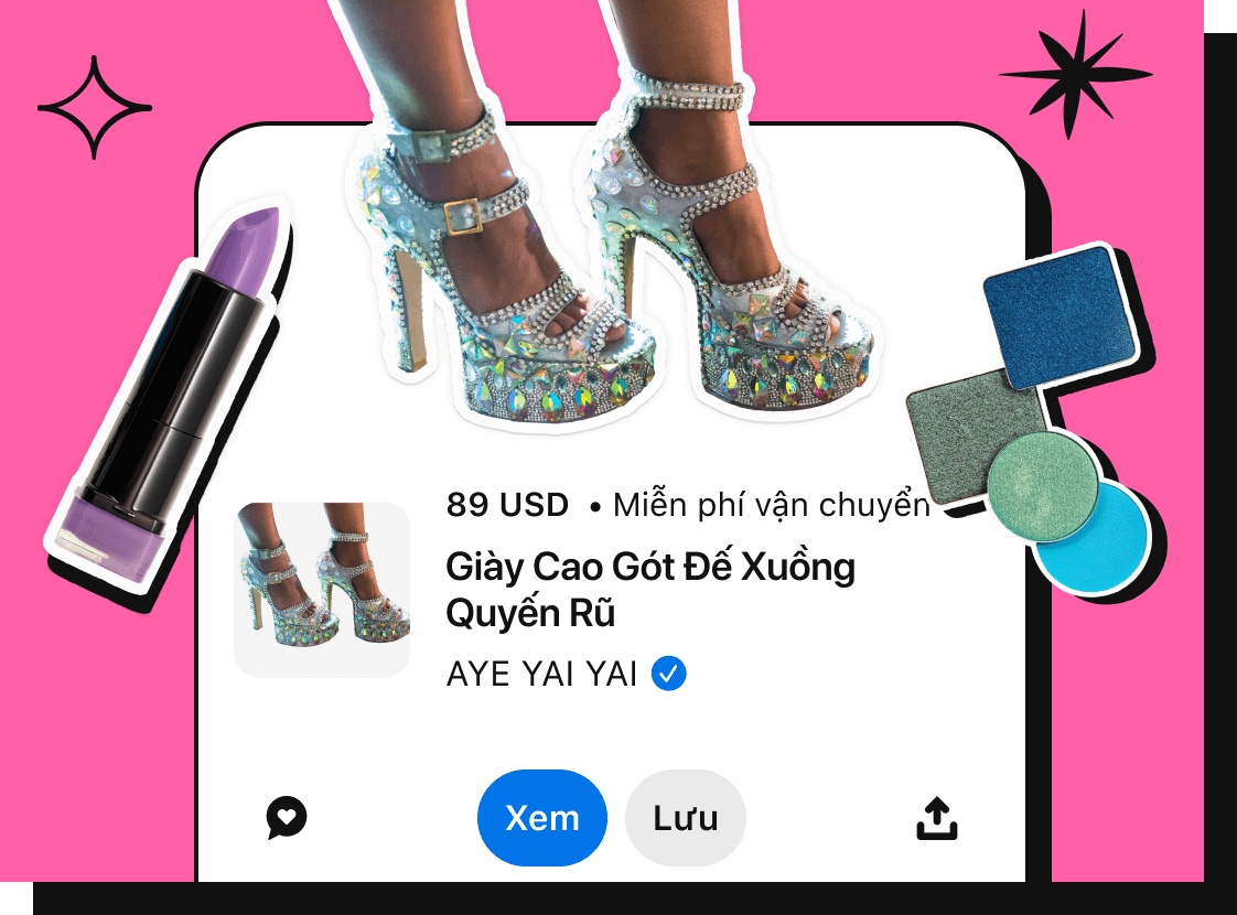 Hình cắt giày đính đá màu bạc phủ lên thông tin mua sắm sản phẩm với dòng chữ "giày cao gót đế xuồng sang trọng, 2.000 VND" và tên thương hiệu "Aye Yai Yai".