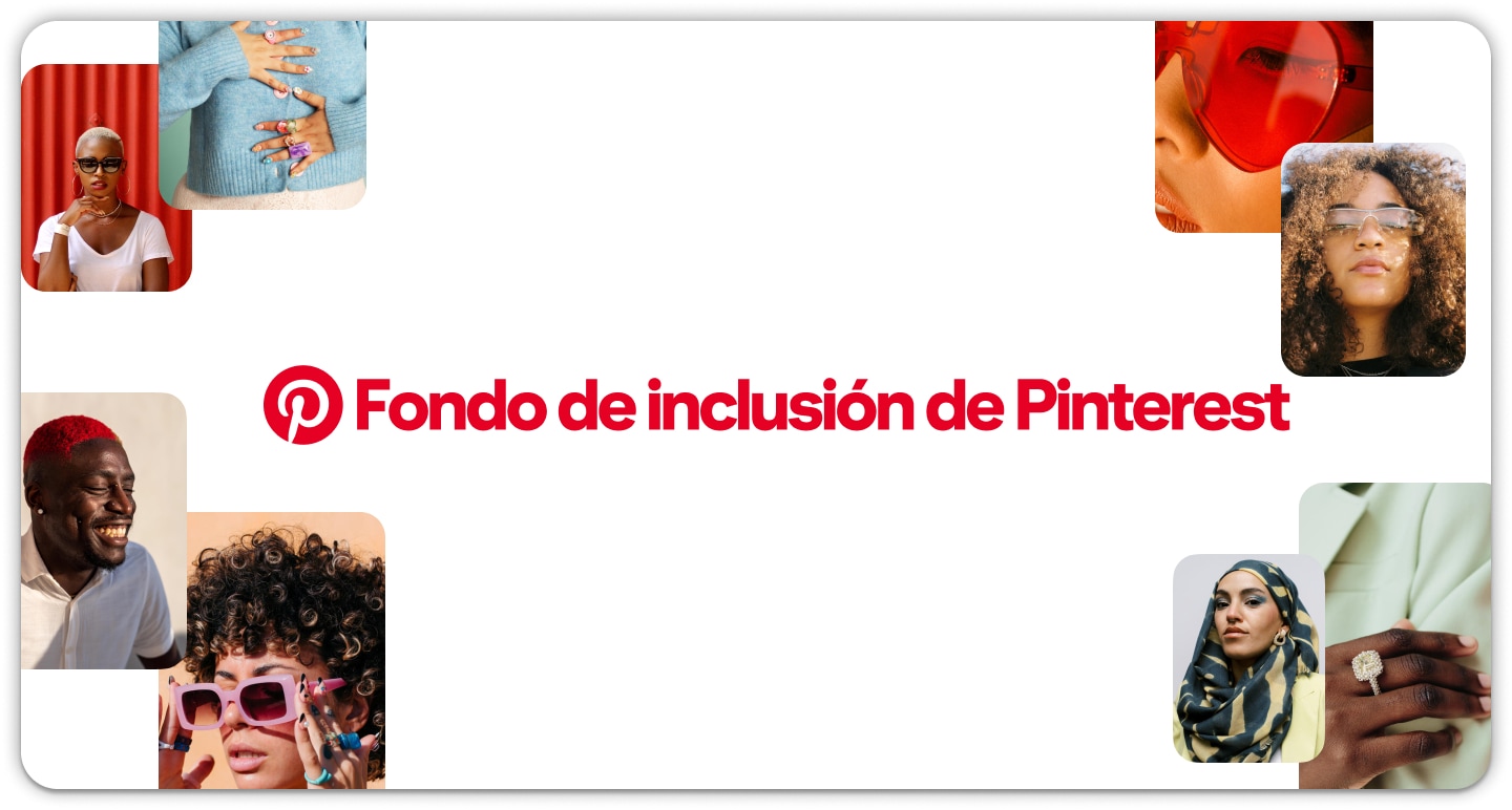 Cuadrícula de Pines en la que se muestra a un creador maquillándose los ojos, un creador sosteniendo un bolso blanco y un sofá de terciopelo naranja