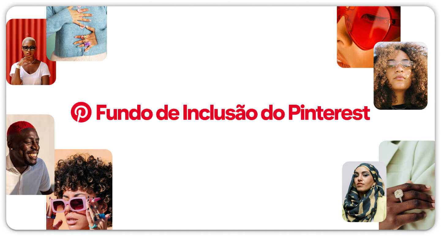 Grade de Pins que exibe um criador de conteúdo maquiando os olhos, outro segurando uma bolsa branca e um sofá de veludo laranja