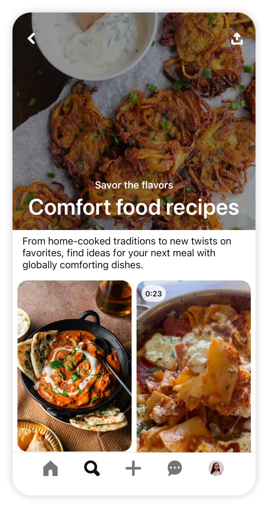 Screen shot of Pinterest app showing trend article for comfort food recipes