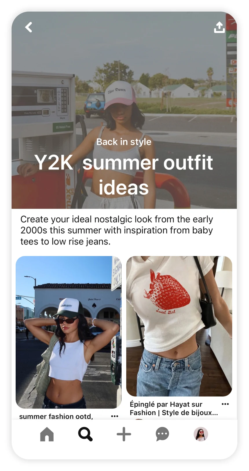 Screen shot of Pinterest app showing trend article for Y2K summer outfit ideas