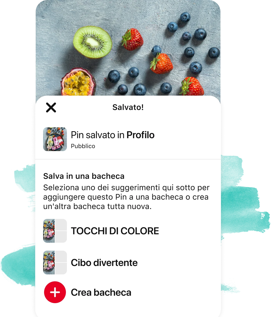 Pop-up che mostra un Pin salvato su una bacheca sopra l'immagine di un tavolo con dei frutti di bosco