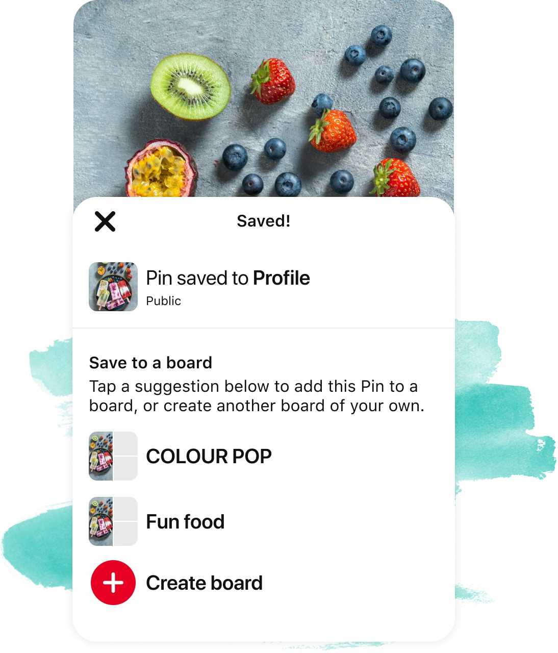 Pop-up alert showing a Pin saved to a board, on top of a Pin showing different fruit