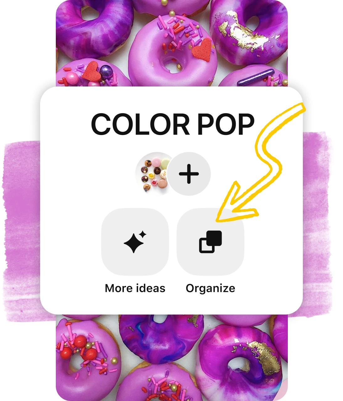 Snapshot of pin board header overlaid on pin of purple donuts