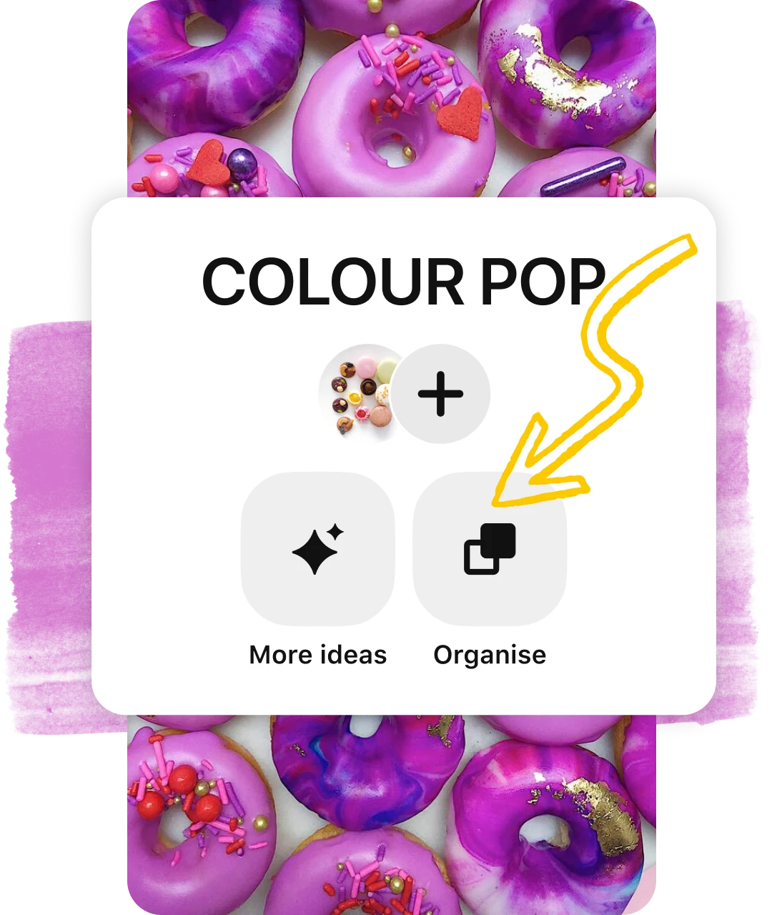 Snapshot of a Pin board header overlaid on a Pin of purple doughnuts