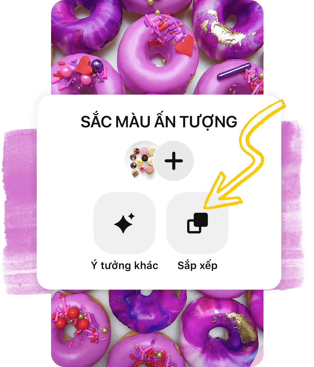 Ảnh chụp nhanh tiêu đề bảng ghim có lớp phủ là mục ghim hình bánh vòng màu tím