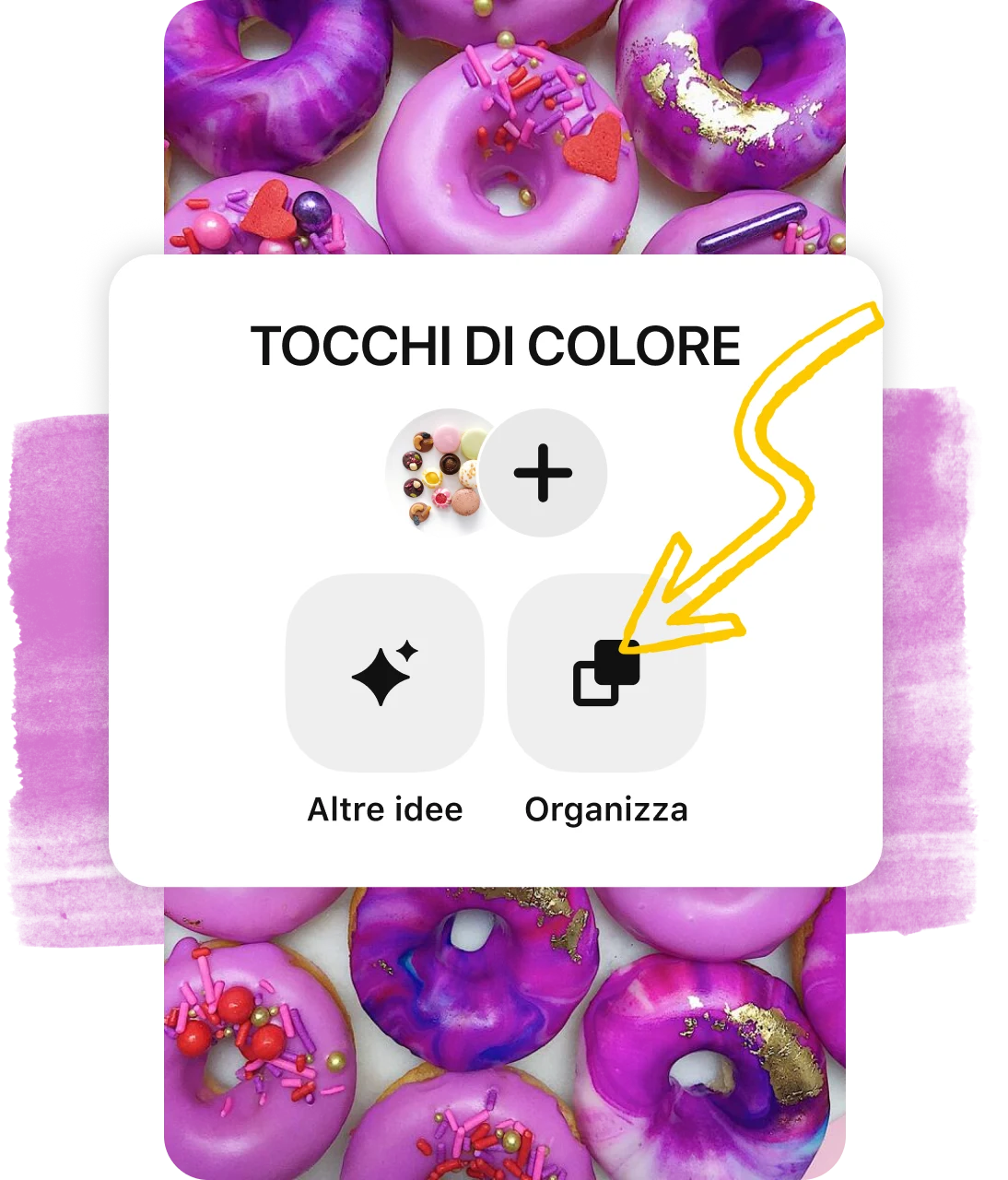 Immagine dell'intestazione di una bacheca sovrapposta a un Pin con delle ciambelle viola