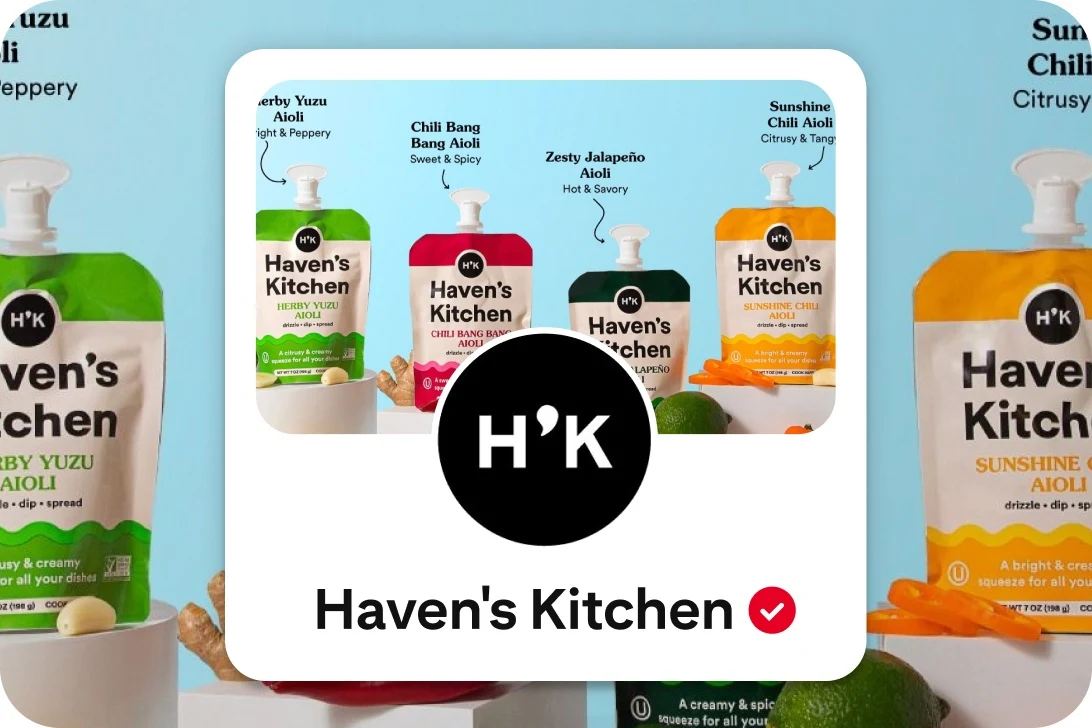 Haven's Kitchen profile tile featuring four sauce pouches overlaid on top of the same image of sauce pouches