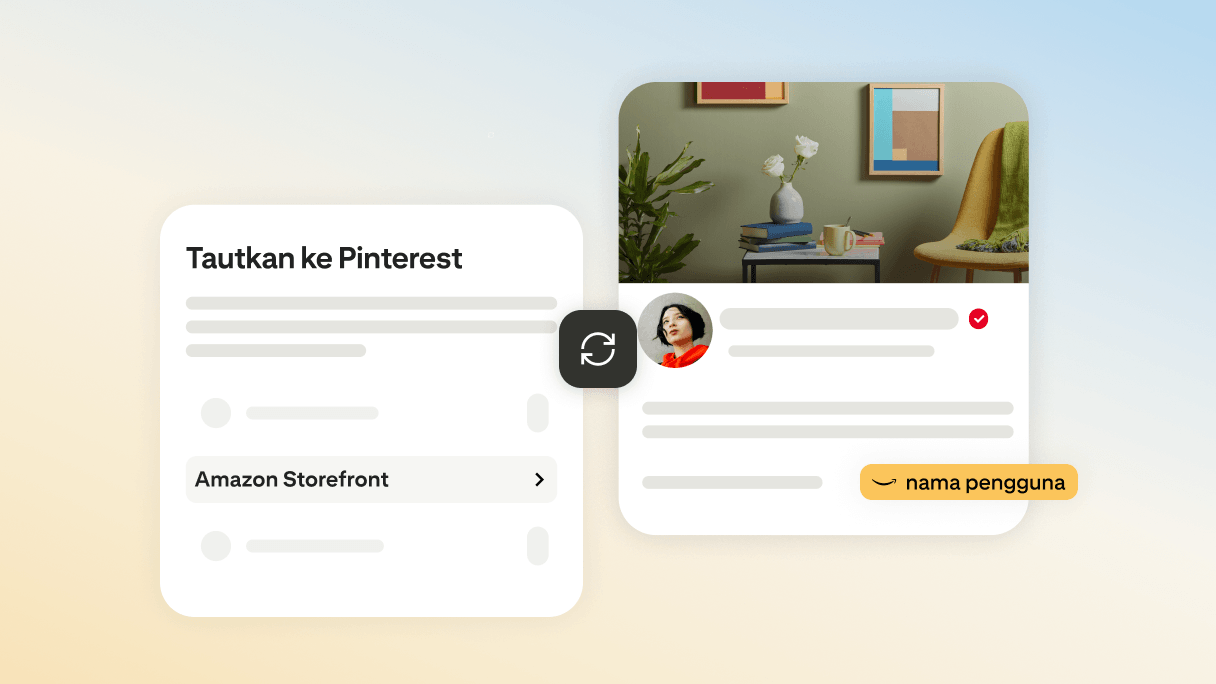 Layar aplikasi Pinterest “Tautkan ke Pinterest” dengan “Amazon Storefront” disorot, diikuti oleh tautan ke akun Amazon Storefront pengguna yang muncul di profil.