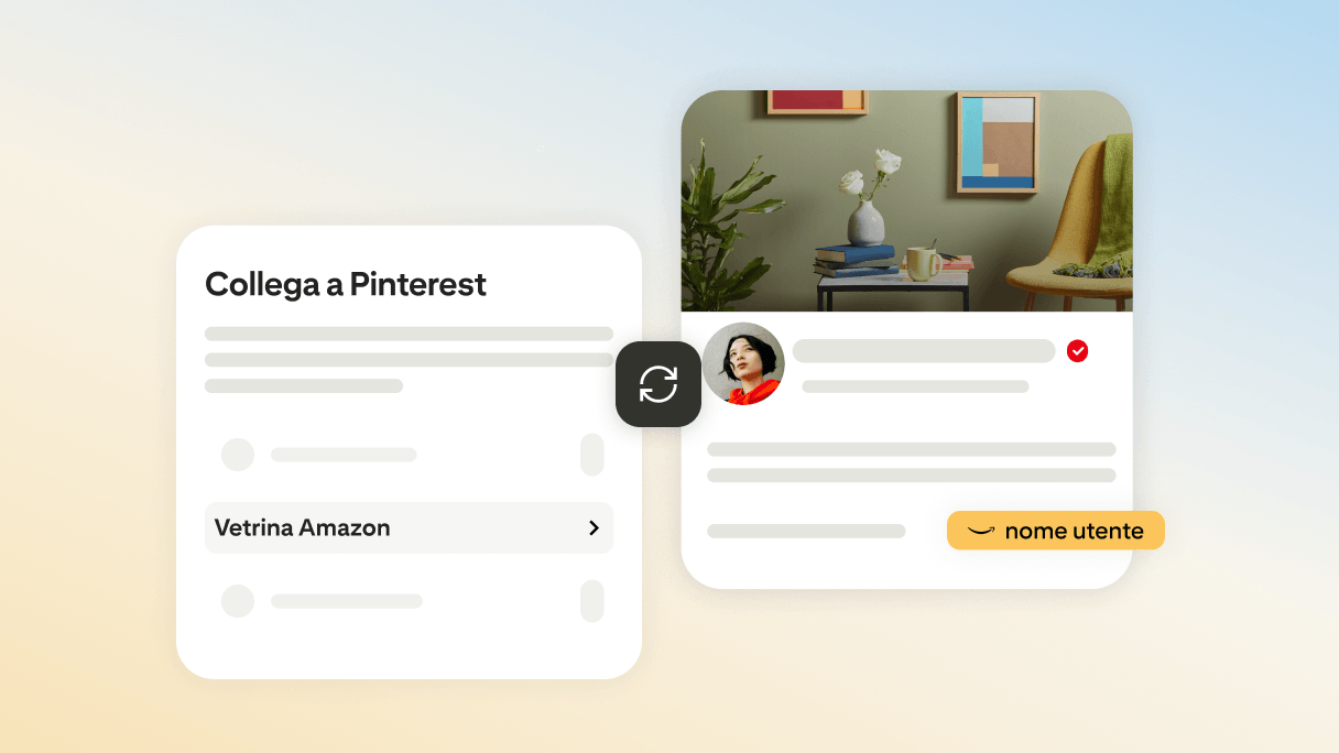 Schermata "Collega a Pinterest" dell'app di Pinterest, con "Vetrina Amazon" evidenziato e, a seguire, il link alla vetrina Amazon dell'utente visualizzato nel profilo.