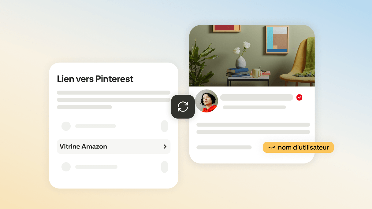 L’écran « Lien vers Pinterest » de l’application Pinterest, sur lequel l’option « Vitrine Amazon » est mise en évidence, suivie d’un lien vers le compte Vitrine Amazon de l’utilisateur apparaissant dans le profil.