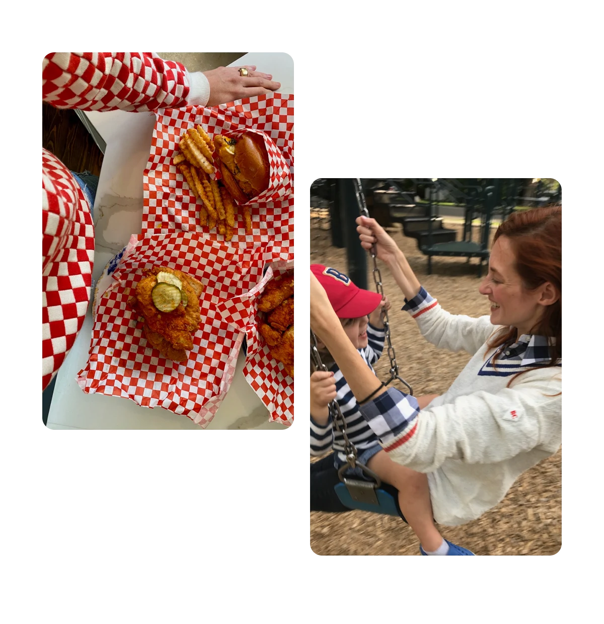 Dois Pins, hambúrguer e batatas fritas em papel quadriculado, mãe e filho em parque