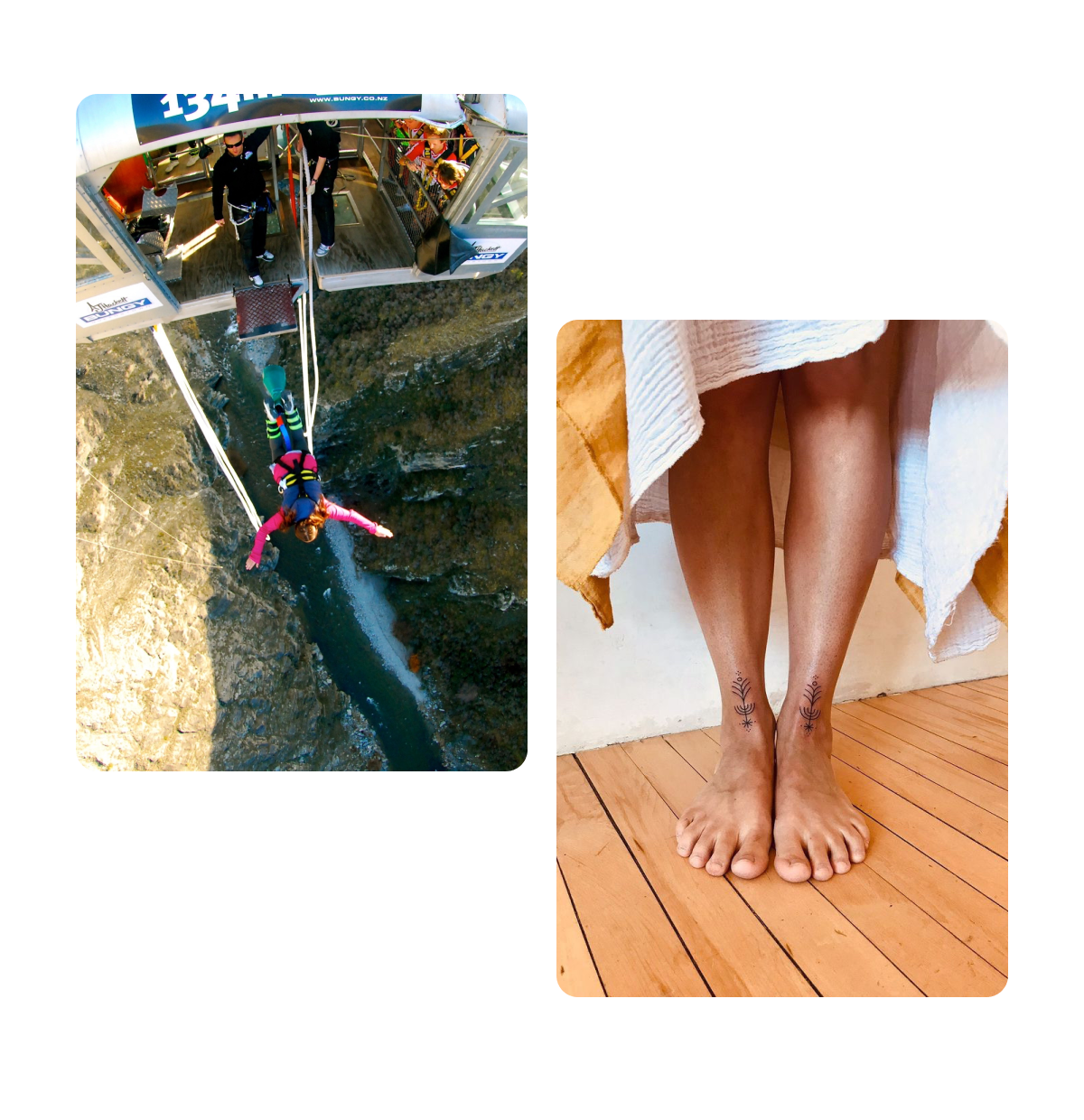 Zwei Pins, Bungee-Jumping, Beintattoos