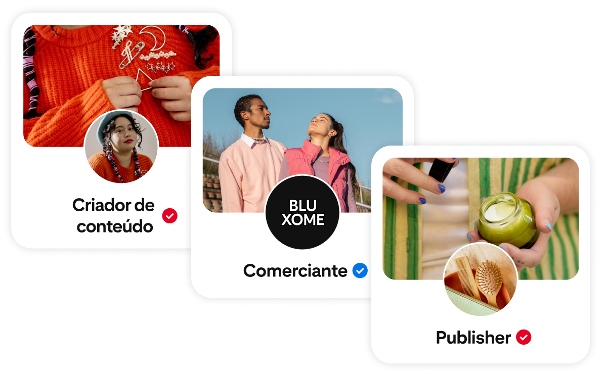 Um criador de conteúdo mostrando uma pessoa com agasalho vermelho, uma loja mostrando um casal ao ar livre e um publisher mostrando uma pessoa com um produto de cuidados com a pele. Cada cartão tem uma imagem circular e uma marca de verificação.