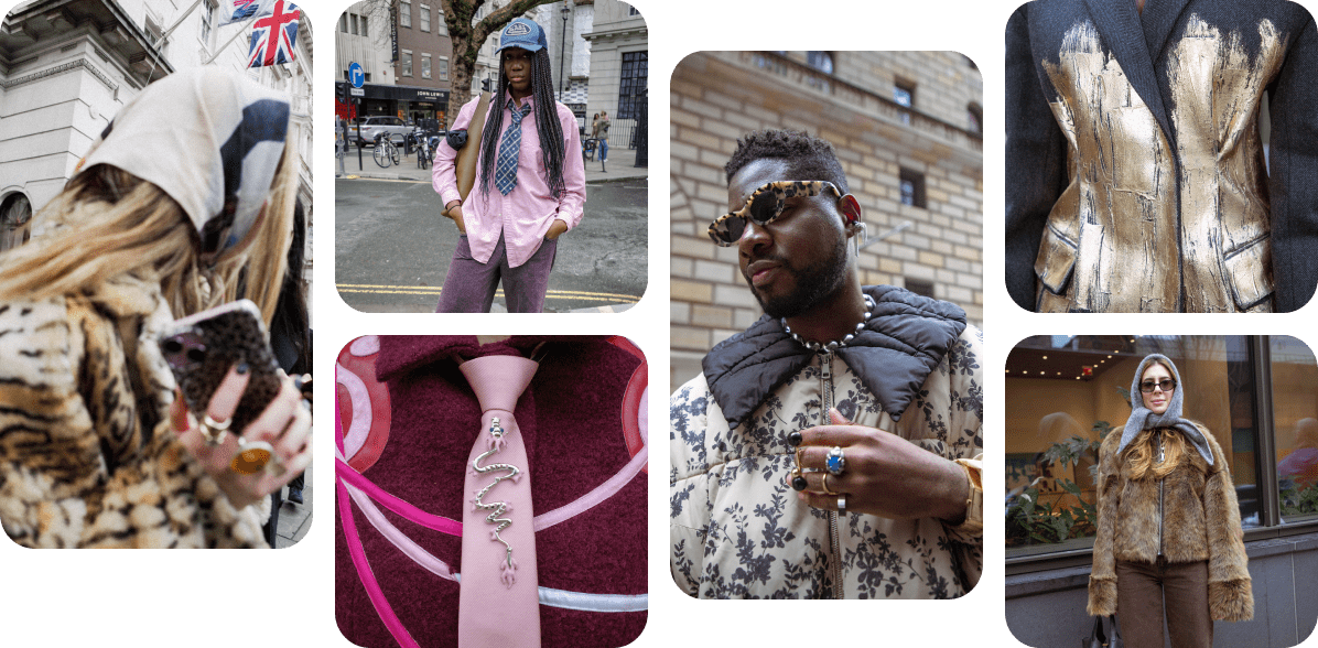 Image of Pinterest creators wearing winter fashions that include head scarves, ties, baseball caps, leopard print sunglasses and faux fur coats