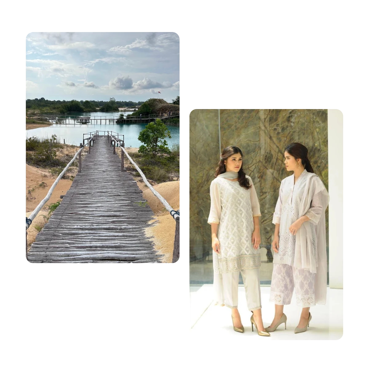 Two pins, wooden path leading to water, two women dressed in white