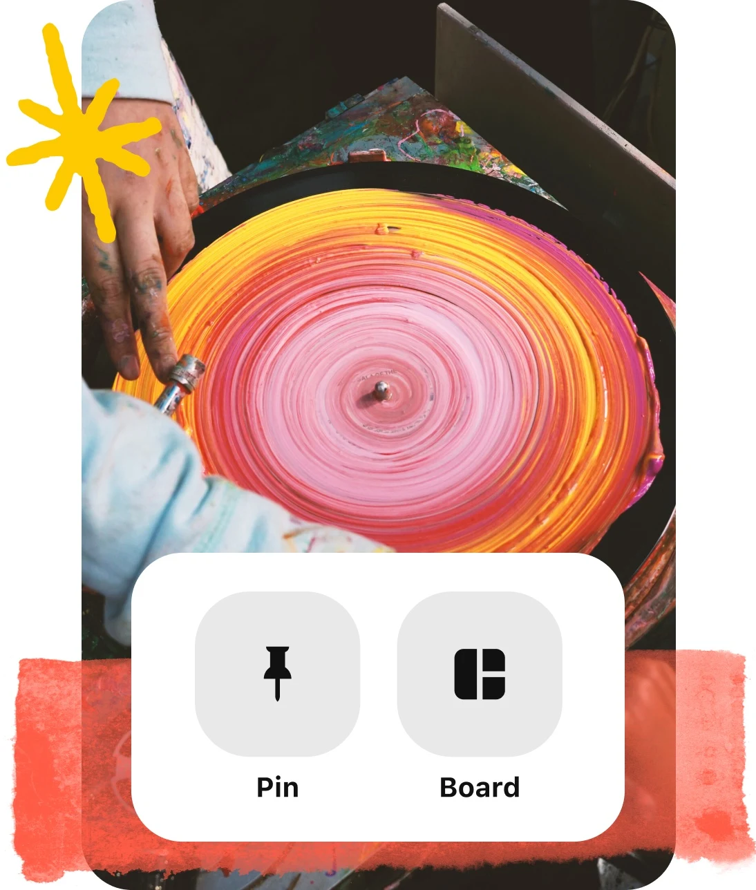 Collage of pin format buttons and image of hands spinning painted record