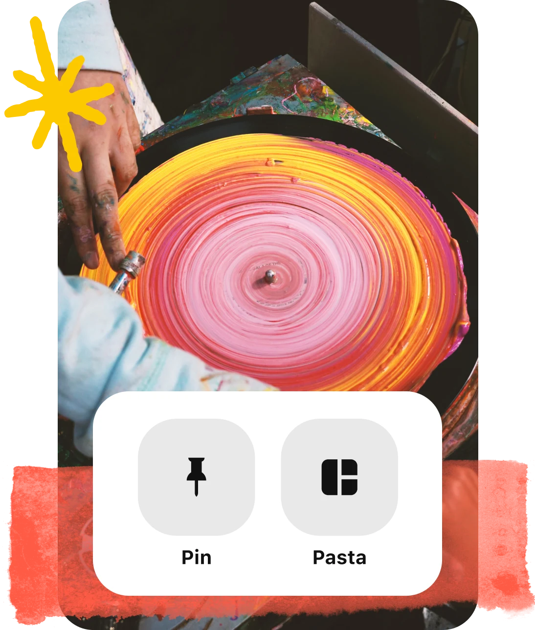 Colagem com botões de formatos de Pin sobre a imagem de mãos girando um disco colorido
