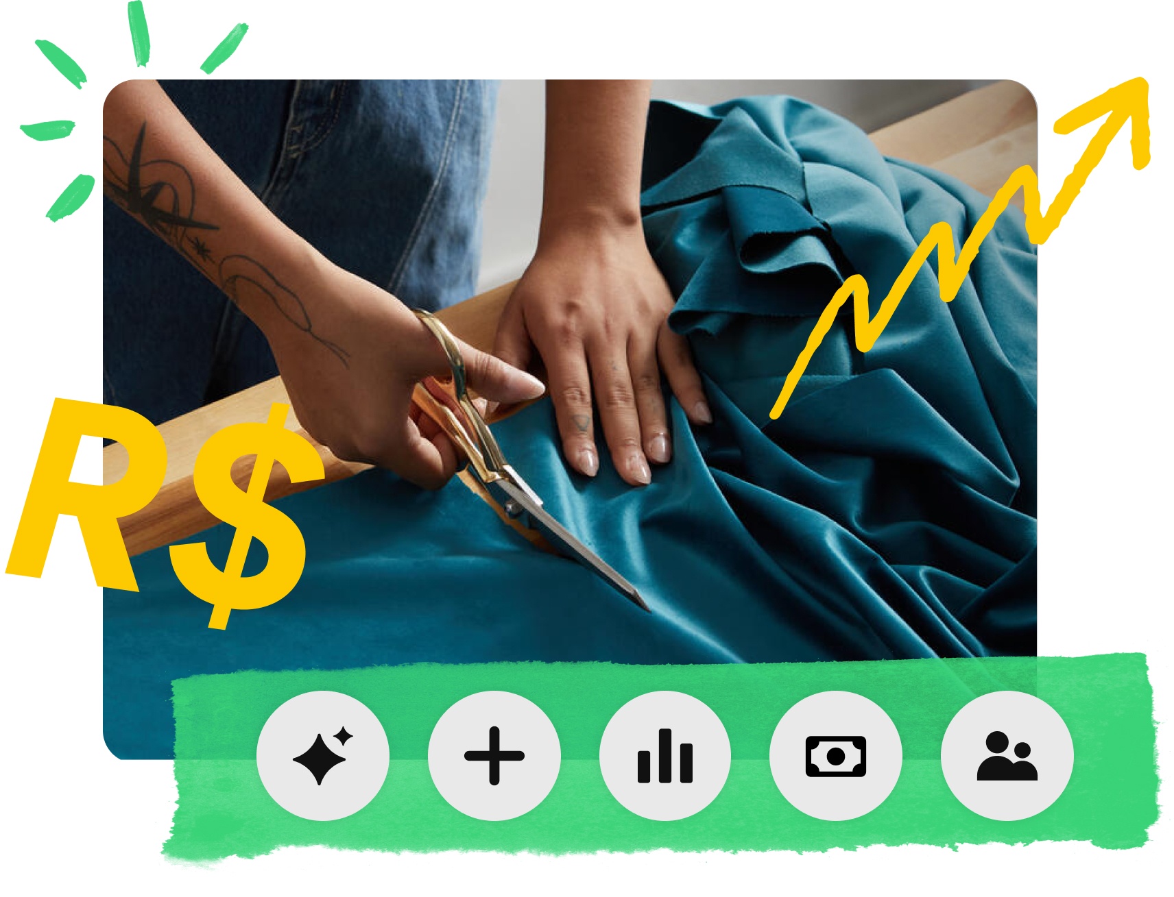 Close-up de uma pessoa cortando um pedaço de tecido azul-petróleo, um cifrão amarelo e uma seta em zigue-zague apontando para cima e para a direita 