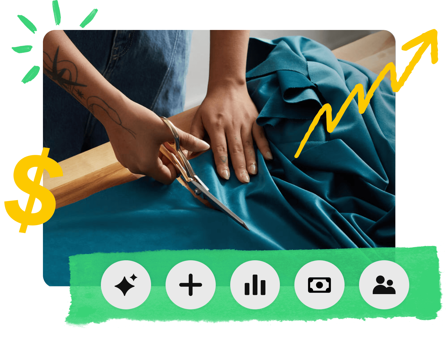 لقطة مقربة لشخص يقطع قطعة قماش باللون الأزرق المخضر، وعلامة الدولار الصفراء وسهم متعرج يشير إلى الأعلى وإلى اليمين 