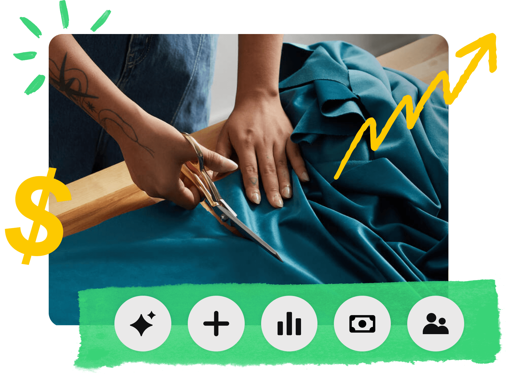 Cận cảnh một người đang cắt cuộn vải màu xanh ngọc, kèm ký hiệu đô la màu vàng và mũi tên ngoằn ngoèo hướng lên trên về bên phải 