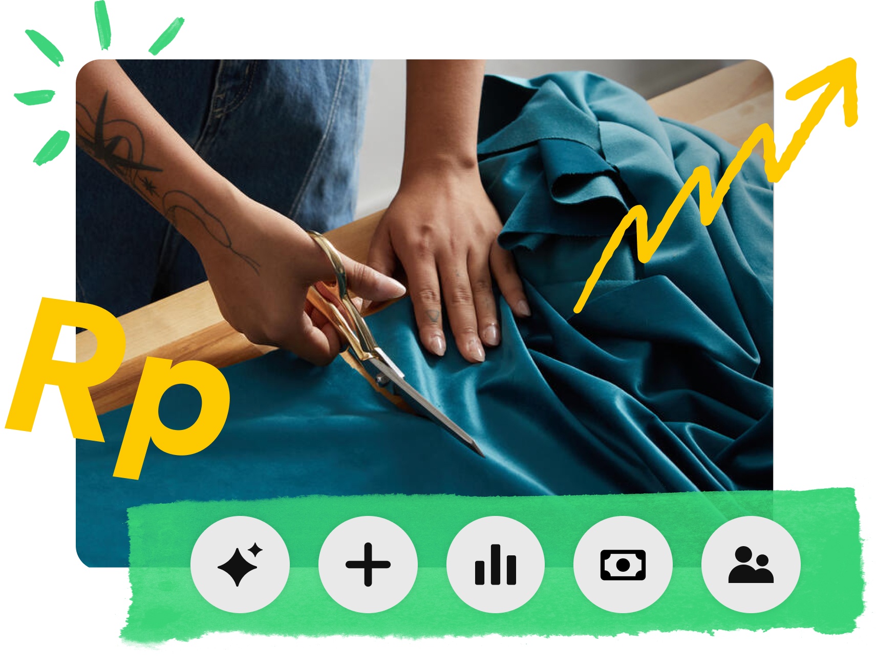 Gambar close-up seseorang yang memotong kain warna teal, simbol dolar kuning dan panah zigzag menunjuk ke kanan atas 