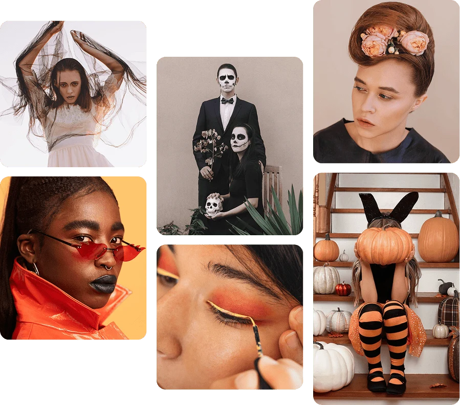 Pin grid of halloween fashion, costume and makeup inspo