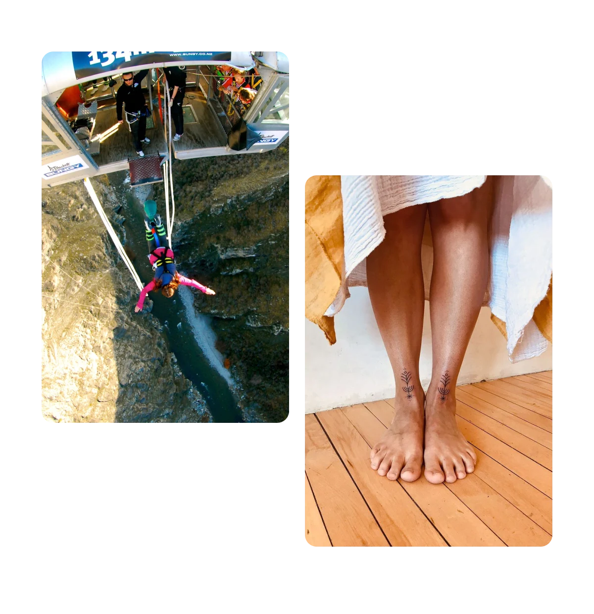 Dois Pins, bungee jumping, tatuagens na perna